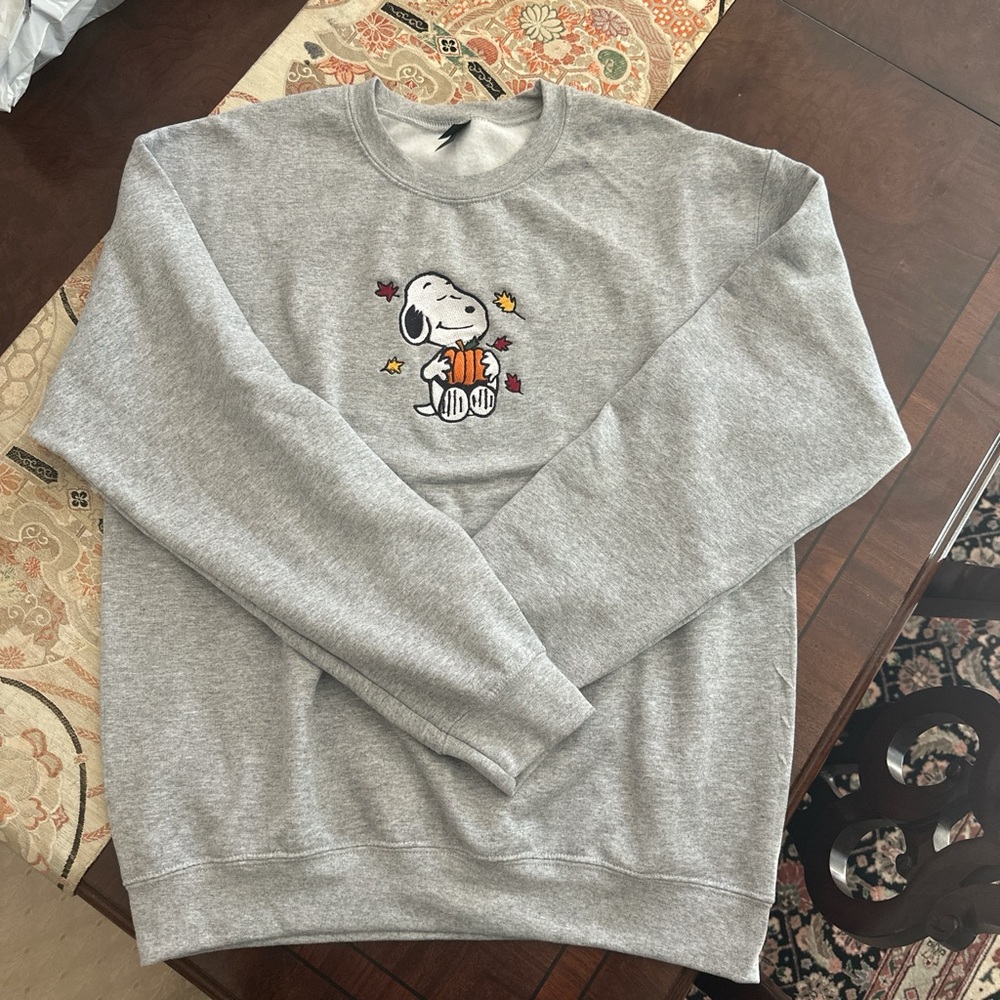 Gildan Gray Crewneck Sweater with Snoopy Design Embroidered